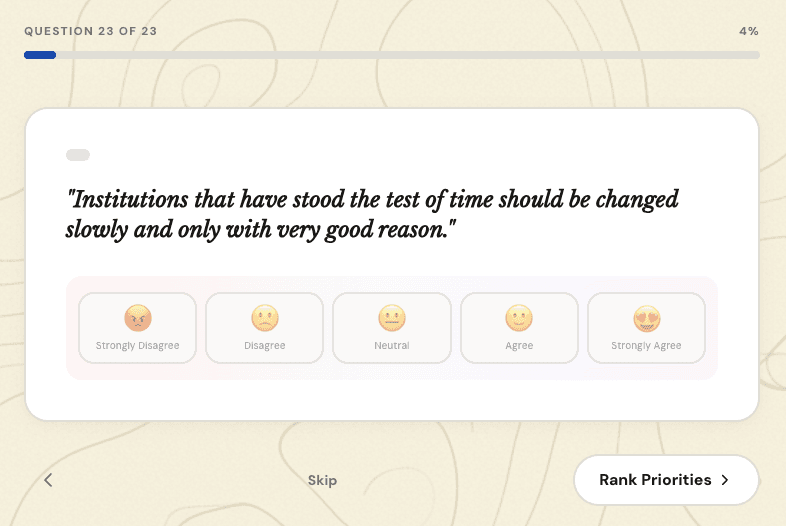 A Ballot Compass quiz question — a values statement on a five-point scale