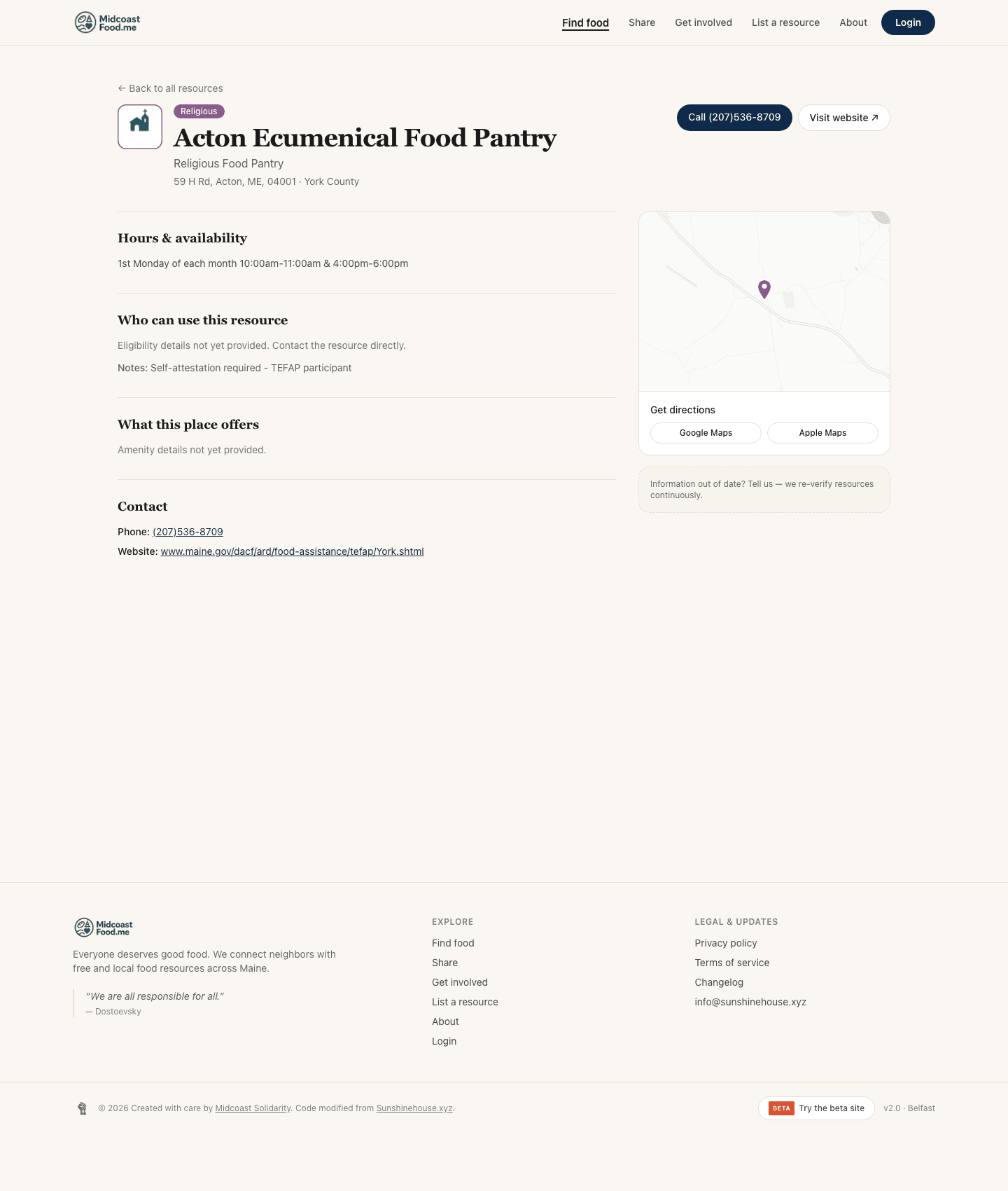 A MidcoastFood.ME resource detail page