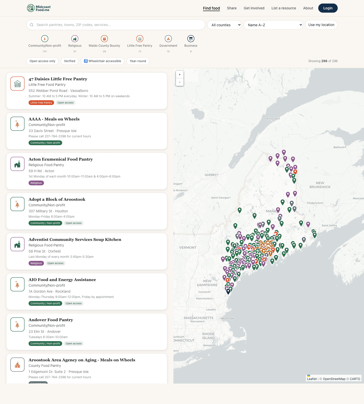 The MidcoastFood.ME resource directory — a filterable list beside a live map of Maine